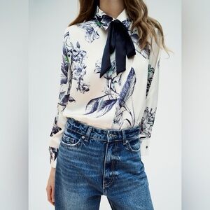 Zara White and Blue Floral Blouse